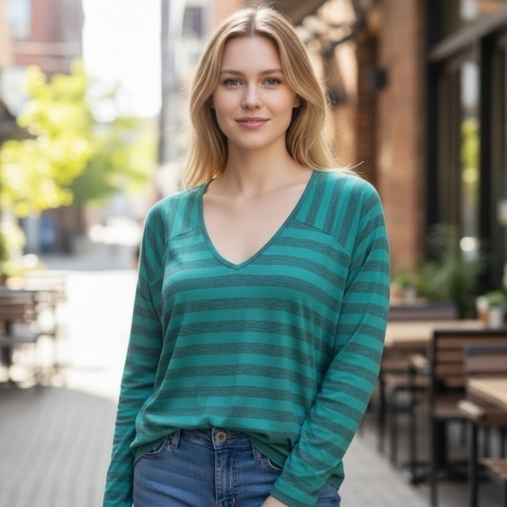 Red Haute V-neck Green with Gray Stripes Size Large